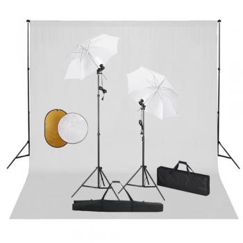 Kit de estudio fotográfico con lámparas, sombrillas, fondo y reflector