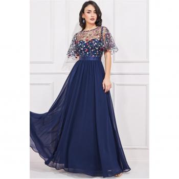 Goddiva Embroidered Top Flutter Sleeve Maxi Dress - Navy