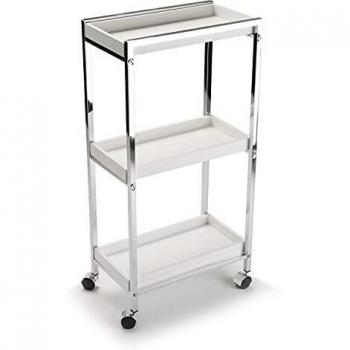 Versa 18462714 Carro de baño con Ruedas y 3 baldas, Metal, MDF y cubertura cromada, Blanco y Plateado, 81 x 40 x 23,5 cm