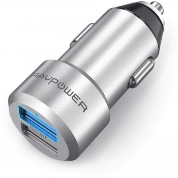 RAVPower Mini Cargador de Coche 24W 4.8A Dual USB, Adaptador Automóvil con Tecnología Ismart, Funda de Material de Aluminio, Compatible con iPad Samsung Galaxy LG Nexus Blackberry y Más –Plata