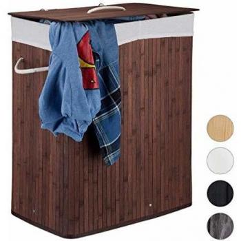 Cesto de Ropa Sucia Plegable de Bambú con Tapa y 2 Compartimentos, 95 l, Marrón