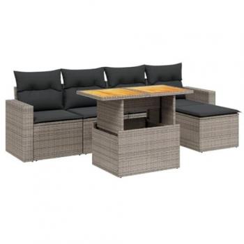 6-Piece Grey Poly Rattan Garden Sofa Set with Cushions