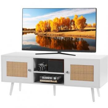 Mueble de TV Bohemio de Ratan con Estantes Ajustables para Televisores de hasta 55 Pulgadas, Diseño Moderno y Retro