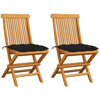 Sillas de jardín 2 uds madera maciza de teca con cojines negros