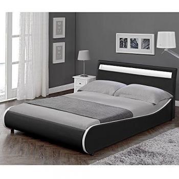 Cama Doble Corium Valencia Tapizada en Cuero Sintético con Iluminación LED - 140x200cm (Negro)