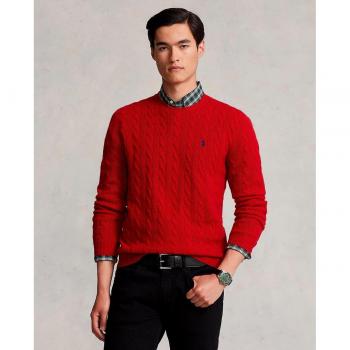 Polo Ralph Lauren Men's Red Cable-Knit Wool-Cashmere Sweater with Logo Stitching, Size M