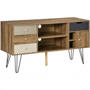 Mueble de TV HOMCOM con Estilo Boho y Estantes de Almacenamiento, 4 Cajones y Patas de Metal - Mesa para TV de Salón para Televisores de hasta 50 Pulgadas, Ideal para Dormitorio - Color Marrón