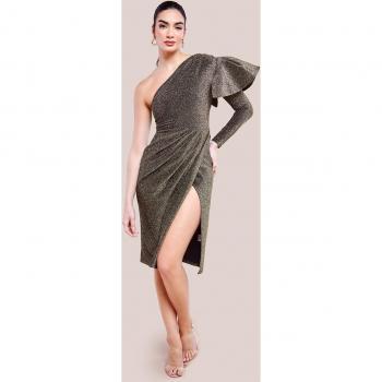 Goddiva One Sleeve Frill Lurex Midi Dress - Gold