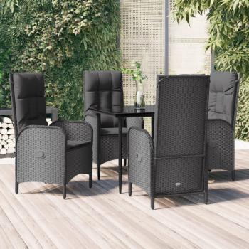 5-Piece Black Poly Rattan Garden Dining Set with Cushions