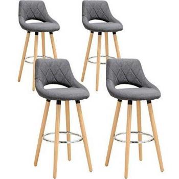 Set de 4 Taburetes de Bar con Respaldo y Reposepies, Estructura de Madera Maciza y Tapizado en Lino Gris Oscuro