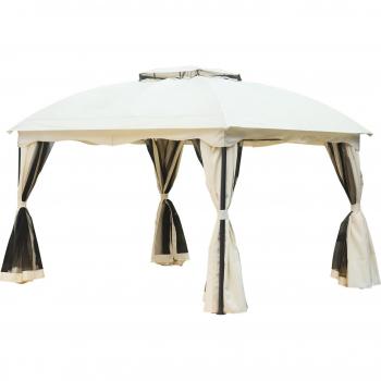Outsunny Cenador con Techo Gazebo 3x3.65x2.82m Carpa de Jardín Marco de Hierro con Pared Lateral y Mosquitero Color Crema