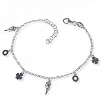 Pulsera Inmaculada Romero Plata Ley 925m Mujer 17 Cm. Detalles Colgantes Pluma Trébol Donut
