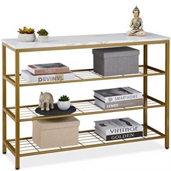 Consola Recibidor Efecto Mármol 70x101x30 cm, 4 Baldas, Mesa de Entrada Pasillo, Metal y MDF Dorado/Blanco - Relaxdays