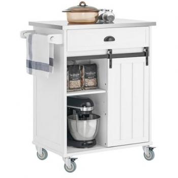 Carrito Auxiliar de Cocina SoBuy con Puerta Corrediza de Granero, 1 Cajón, 1 Toallero, 4 Ruedas, Dimensiones: 69x46x92 cm, Color Blanco