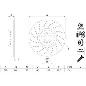 Disco de freno BOSCH 0 986 479 F64, perforado, dos piezas, ventilado, revestido altamente carbonizado con tornillos