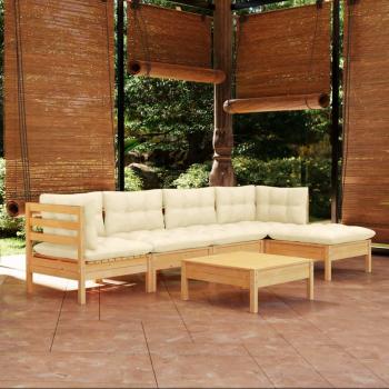 6-Piece Pinewood Garden Lounge Set with Cream Cushions