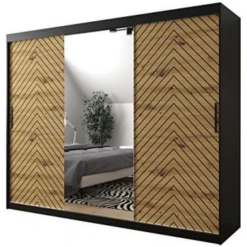 Armario Hartford 317 Correderas Negro y Roble Artisan 250x200x62cm con 9 Estantes y Espejo