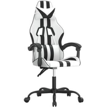Silla gaming cuero sintético blanco y negro con reposabrazos, ruedas giratorias, altura ajustable, diseño profesional para estudio, oficina y casa