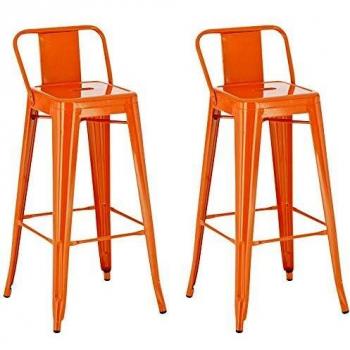Set de 2 Taburetes de Bar Mason Naranja con Respaldo y Apoyapiés, Altura 77 cm, Estilo Industrial