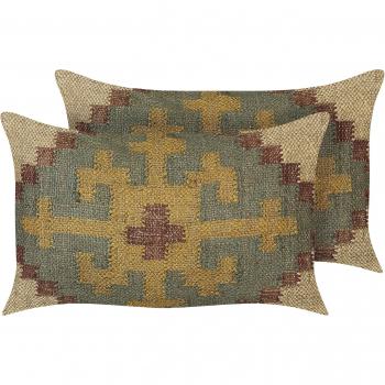 Set de 2 cojines decorativos multicolor de yute y lana estilo kilim 30 x 50 cm patrones orientales