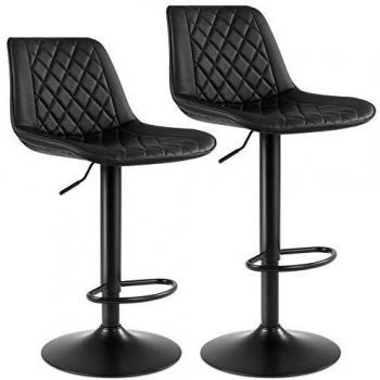 Juego de 2 Taburetes de Bar Negros Ajustables con Respaldo - Asiento Acolchado, Reposapiés Metálico, Ideal para Sala de Estar y Restaurante, Carga 120 kg