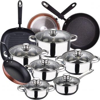 Batería de cocina 12 piezas SAN IGNACIO Cassel en acero inoxidable con juego de sartenes (20/24/28 cm) + grill 28 cm SAN IGNACIO Moma en aluminio forjado