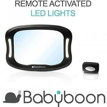 Espejo retrovisor bebé coche Luz LED - Visión excelente de su bebé en asiento trasero a contramarcha. Espejos premium Babyboon especialmente diseñados para la seguridad: Vidrio templado resistente a impactos| Correas de sujeción antibalanceo | Regula