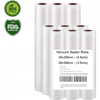Rollo Envasado Vacío, 9 Rollos Bolsas de vacío 20x300 y 28x300cm de Grado Comercial para el Ahorrador de Alimentos y Sous Vide Cocina, Aprobación de la FDA y BPA Free