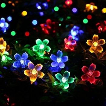 7M 50LED luces de la secuencia solar puede con multi-color de la flor de cerezo para la Navidad, patio, césped, cerca, afuera, decoración perfecta para el hogar, al aire libre, Navidad, centro comercial, de vacaciones y celebración del festival