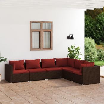 6-Piece Brown Poly Rattan Garden Lounge Set with Cushions