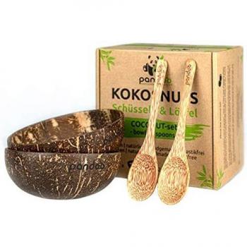 pandoo Juego de 2 Cuencos de Coco con Cucharas | Producto 100% natural | Alternativa sin plástico | hecho a mano con aceite de coco pulido