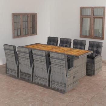 Set de comedor de jardín 9 PCs con cojines de Polyrattan gris