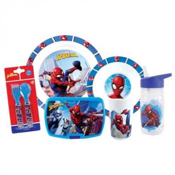 Juego de vajilla infantil Fun House Spiderman - Vaso, plato Ø22 cm y Ø16 cm, cubiertos, cantimplora y caja de merienda