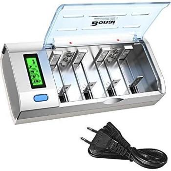 BONAI LCD Cargador de Pilas Inteligente para AA/AAA/SC/C/D /9V Ni-MH/Ni-CD, 4 Ranura Independiente y Auto-Detección, Universal Cargador Pilas con Función de Descarga