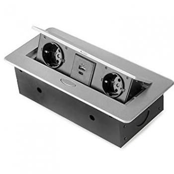 Regleta de enchufes Atom Lite para escritorio, 2 enchufes EU + 1 USB tipo A + 1 USB tipo C, 265x120mm, Acero y aluminio, Pintado