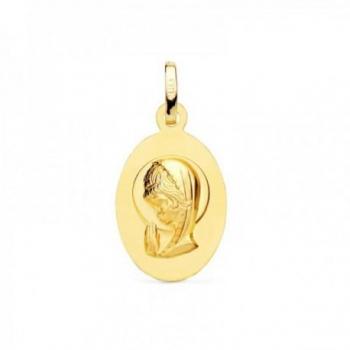 Medalla de Oro 18k Virgen Niña Primera Comunión ovalada lisa mate de 19 mm.