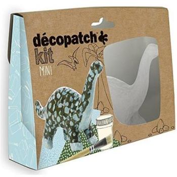 Décopatch KIT011O - Un mini-kit comprenant un animal en papier pulpé blanc, 2 feuilles Décopatch, un pinceau et un pot de vernis colle, Dinosaure