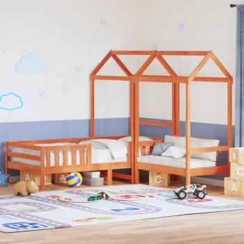 Set de cama y banco con techo de madera maciza de pino, color marrón, dimensiones 90x190 cm