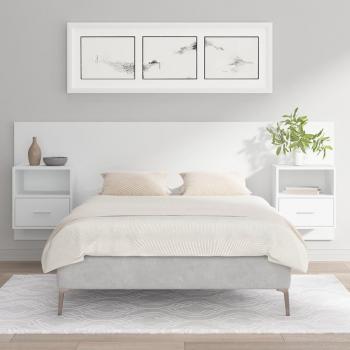 Cabecero de cama con mesitas de madera contrachapada blanca y armarios de madera procesada