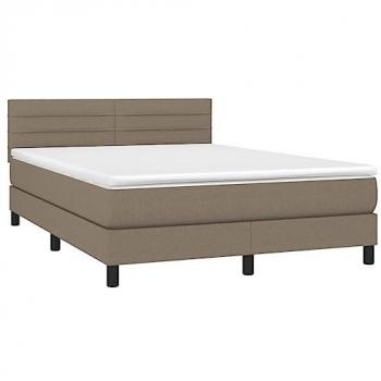 Cama Box Spring con colchón y luces LED, tela gris taupe, 140x190 cm