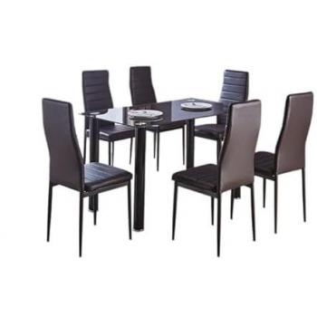 Mesa de Comedor de Cristal Templado con 6 Sillas de Polipiel, Color Marrón