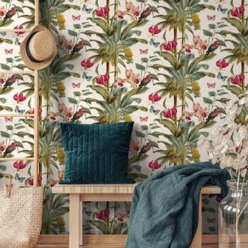 Papel Pintado Tropical Palma Verde y Rosa 53 cm x 10.05 m
