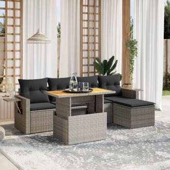 6-Piece Grey Poly Rattan Garden Sofa Set with Cushions