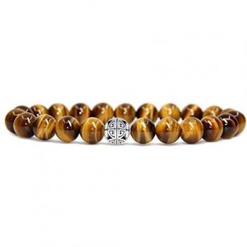 8 mm de Piedra Natural del Ojo del Tigre/Red Coral Rock difusor Pulsera elástica Yoga Grano de la ágata Pulsera Brazalete con 925 Colgante de Plata esterlina de la Felicidad Doble