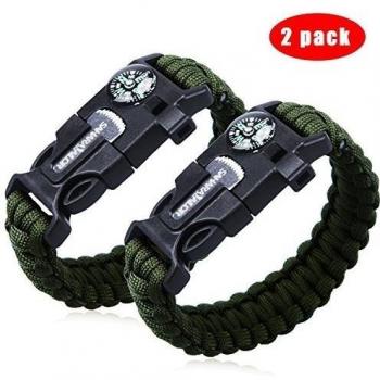 2PCS PACK pulsera de la supervivencia , Sahara Sailor Outdoor Survival Kit Parachute Cord Buckle W Compass Flint Fire Starter Scraper Whistle for Hiking Camping Emergency - army green