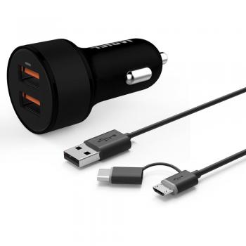iVoler Dual Quick Charge 3.0 36W 2 Puertos USB Cargador de Coche [2*QC 3.0 Puerto] con 2 en 1 Cable Cargador Micro USB y Tipo C para Móviles, Tableta, Cargador Portatil, etc - Negro