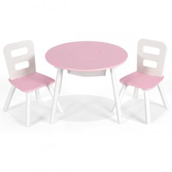 Set de Mesa Redonda y Silla para Niños - 3 Piezas, Mesa de Actividad de Madera con Centro de Red, Color Rosa