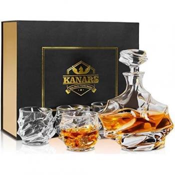 KANARS Jarra de Whisky, 5 Piezas, Libre de Plomo Cristalino Resistente Botella de Whisky Set para Scotch, Bourbon, 750ml Decantador y 4 Vasos de Whisky 320ml, Caja de Regalo de Lujo