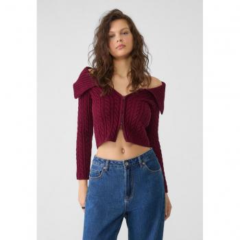 Burgundy Zip-Up Cable-Knit Cardigan Size L