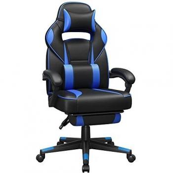 SONGMICS Silla Oficina, Silla Racing Ergonómica, con Reposapiés Telescópico, Respaldo Ajustable, Reposacabezas y Soporte Lumbar, Capacidad de Carga de 150 kg, Negro y Azul OBG073B04